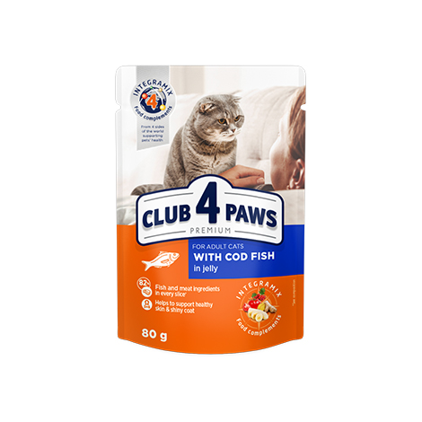 CLUB 4 PAWS PREMIUM "COM BACALHAU EM GELATINA". ALIMENTO HÚMIDO PARA GATOS ADULTOS