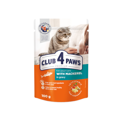 CLUB 4 PAWS PREMIUM "COM CAVALA EM MOLHO". ALIMENTO HÚMIDO PARA GATOS ADULTOS