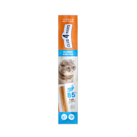 CLUB 4 PAWS PREMIUM STICKS DE CARNE – SALMÃO E BACALHAU. ALIMENTO COMPLEMENTAR PARA GATOS