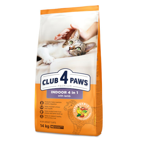 CLUB 4 PAWS PREMIUM – 4 EM 1. RAÇÃO SECA PARA GATOS ADULTOS DE INTERIOR CORDEIRO