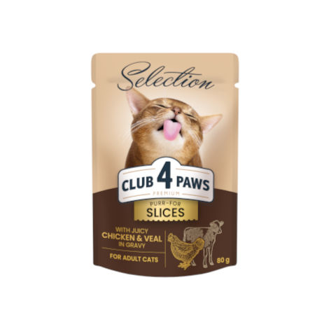 CLUB 4 PAWS PREMIUM PLUS “SLICES IN GRAVY” – GALINHA E VITELA. ALIMENTO HÚMIDO PARA GATOS ADULTOS