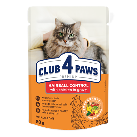 CLUB 4 PAWS PREMIUM "CONTROLO DE BOLAS DE PELO". ALIMENTO HÚMIDO PARA GATOS ADULTOS