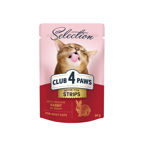 CLUB 4 PAWS PREMIUM “STRIPES IN GRAVY” – COELHO. ALIMENTO HÚMIDO PARA GATOS ADULTOS