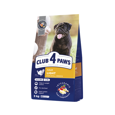 CLUB 4 PAWS PREMIUM LIGHT. RAÇÃO SECA COMPLETE PARA CONTROLO DE PESO DE CÃES ADULTOS DE RAÇAS PEQUENAS ESTERILIZADOS OU COM TENDÊNCIA PARA EXCESSO DE PESO. RICO EM PERU