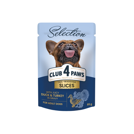 CLUB 4 PAWS PREMIUM PLUS “SLICES IN GRAVY” – PATO E PERU. ALIMENTO HÚMIDO PARA CÃES ADULTOS DE RAÇAS PEQUENAS