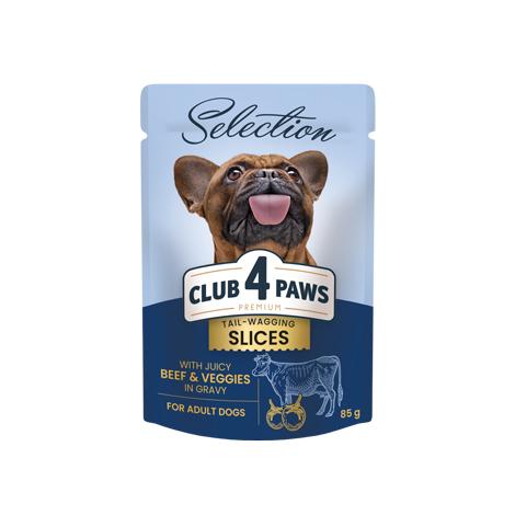 CLUB 4 PAWS PREMIUM PLUS “SLICES IN GRAVY” – VACA E VEGETAIS. ALIMENTO HÚMIDO PARA CÃES ADULTOS DE PORTE PEQUENO