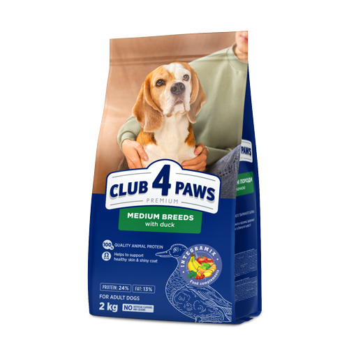 CLUB 4 PAWS PREMIUM PARA RAÇAS MÉDIAS “PATO”. RAÇÃO SECA COMPLETA PARA CÃES