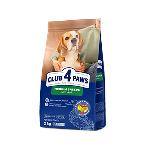 CLUB 4 PAWS PREMIUM PARA RAÇAS MÉDIAS “PATO”. RAÇÃO SECA COMPLETA PARA CÃES