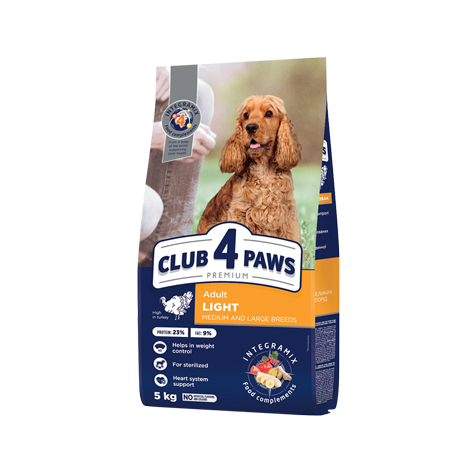 CLUB 4 PAWS PREMIUM LIGHT. RAÇÃO SECA COMPLETE PARA CONTROLO DE PESO DE CÃES ADULTOS DE RAÇAS MÉDIAS E GRANDES ESTERILIZADOS OU COM TENDÊNCIA PARA EXCESSO DE PESO. RICO EM PERU