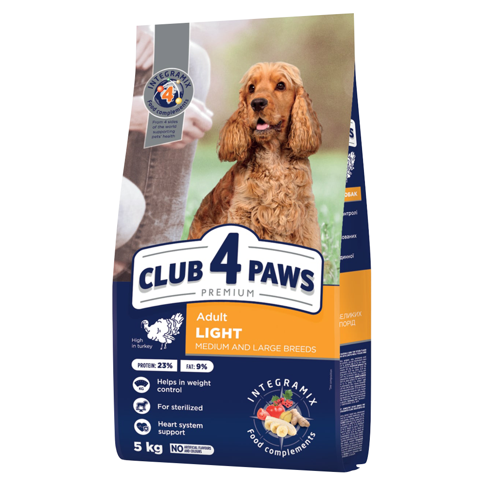 CLUB 4 PAWS PREMIUM LIGHT. RAÇÃO SECA COMPLETE PARA CONTROLO DE PESO DE CÃES ADULTOS DE RAÇAS MÉDIAS E GRANDES ESTERILIZADOS OU COM TENDÊNCIA PARA EXCESSO DE PESO. RICO EM PERU