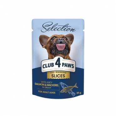 CLUB 4 PAWS PREMIUM PLUS “SLICES IN GRAVY” – SALMÃO E CAVALA. ALIMENTO HÚMIDO PARA CÃES ADULTOS DE PORTE PEQUENO