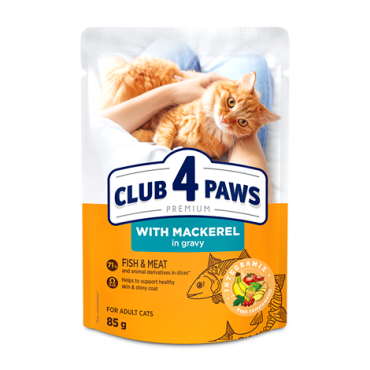 CLUB 4 PAWS PREMIUM "COM CAVALA EM MOLHO". ALIMENTO HÚMIDO PARA GATOS ADULTOS