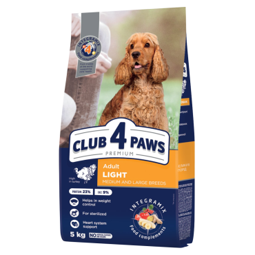 CLUB 4 PAWS PREMIUM LIGHT. RAÇÃO SECA COMPLETE PARA CONTROLO DE PESO DE CÃES ADULTOS DE RAÇAS MÉDIAS E GRANDES ESTERILIZADOS OU COM TENDÊNCIA PARA EXCESSO DE PESO. RICO EM PERU